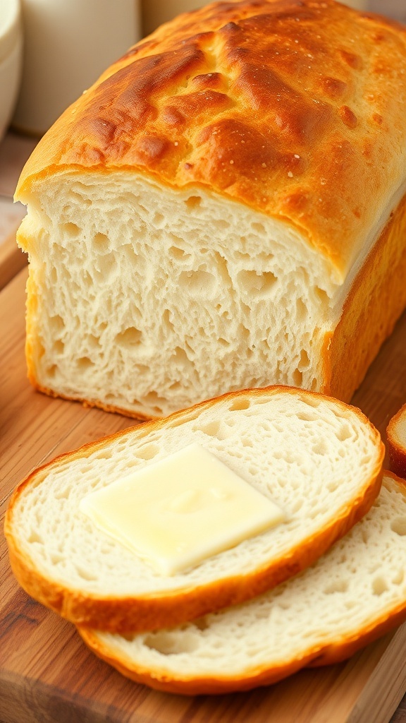 A loaf of homemade white bread, sliced to show its fluffy texture, on a wooden board with melting butter.
